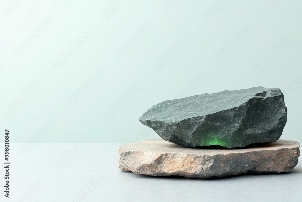 Poster a piece of enriched uranium ore resting on a stone surface with a slight green glow emitting from it