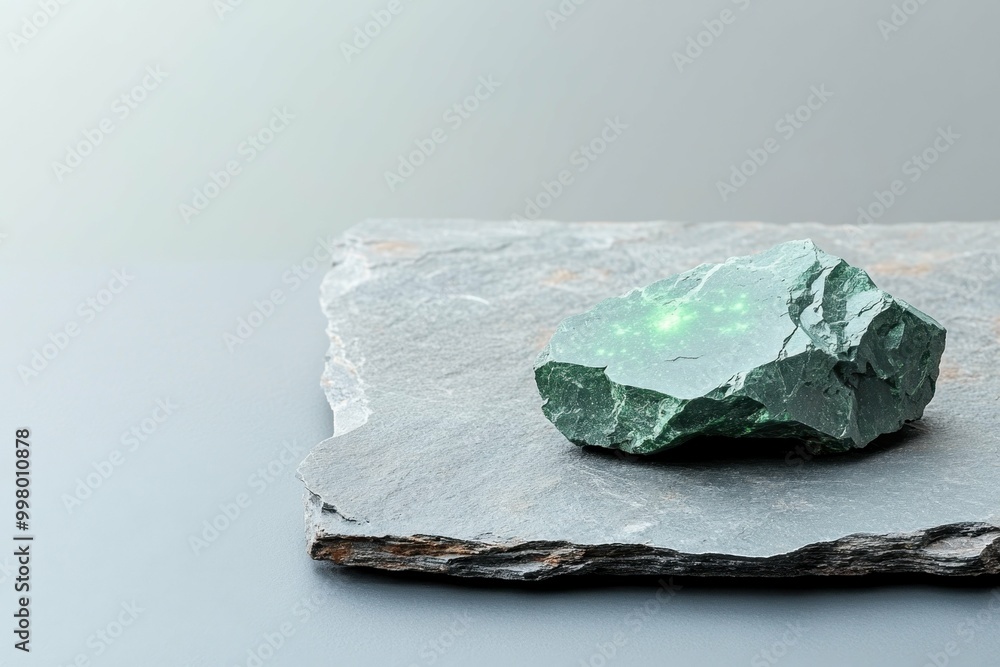 Poster a piece of enriched uranium ore resting on a stone surface with a slight green glow emitting from it