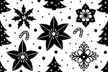 Black and White Christmas Pattern with Trees and Festive Elements