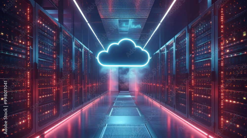 Poster modern data center featuring server racks with a prominent cloud symbol, representing cloud computin