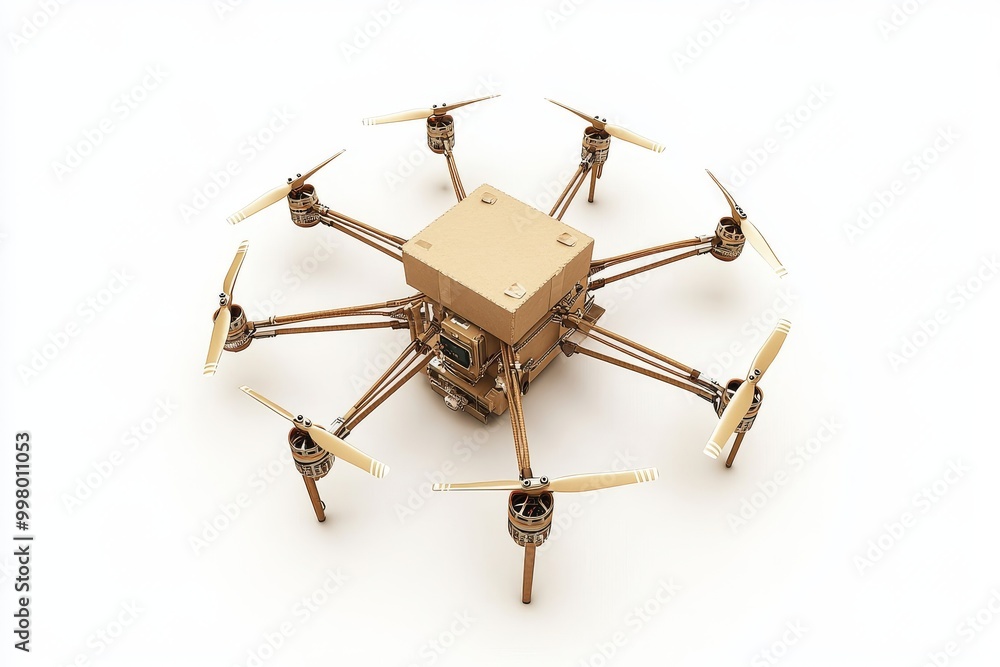 Poster gold colored drone with a cardboard box hovering in a studio representing high tech drone technology