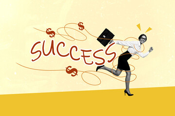 Composite photo collage of success happy businesswoman run career promotion dollar sign income development isolated on painted background