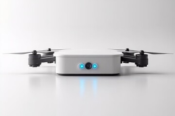 Compact drone with a blue light in a futuristic urban courtyard symbolizing drone technologys role in high speed logistics and rapid city deliveries