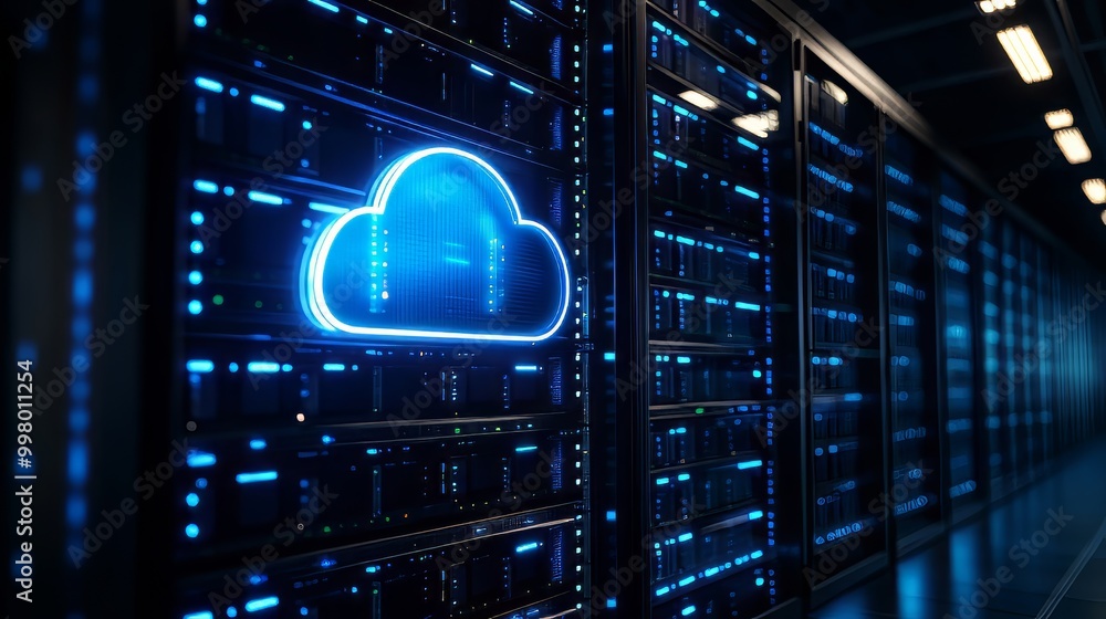 Poster modern data center featuring server racks with a prominent cloud symbol, representing cloud computin
