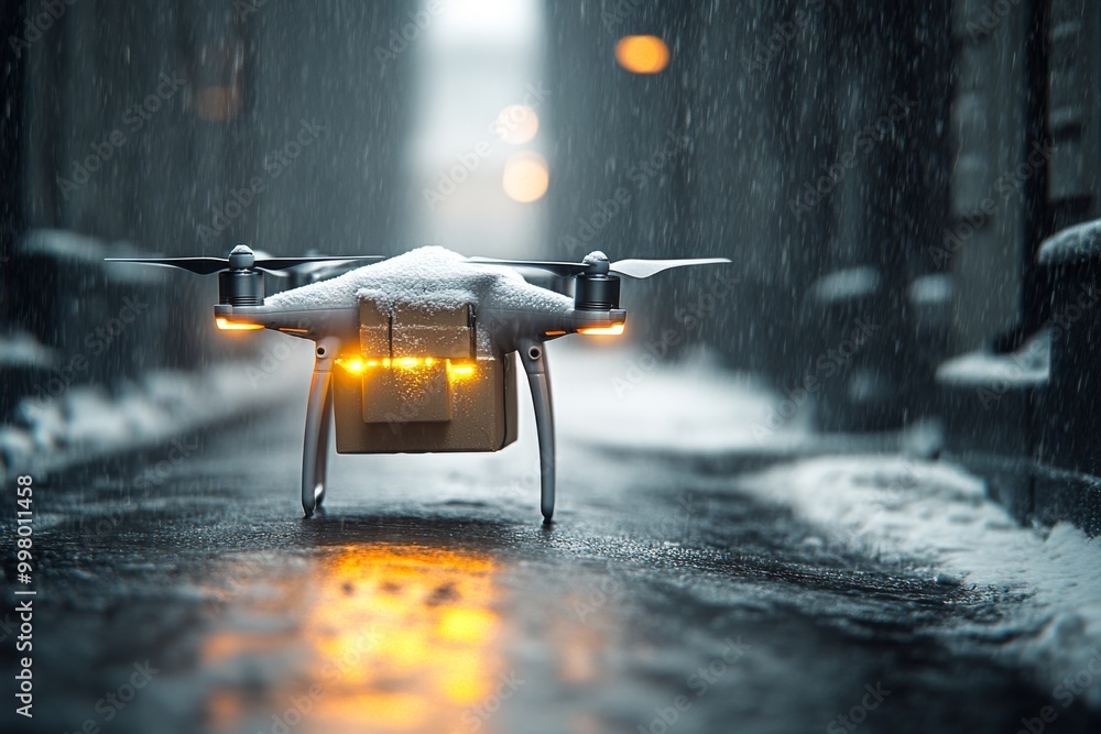Poster drone surrounded by a glowing digital network symbolizing the future of drone technology and its rol