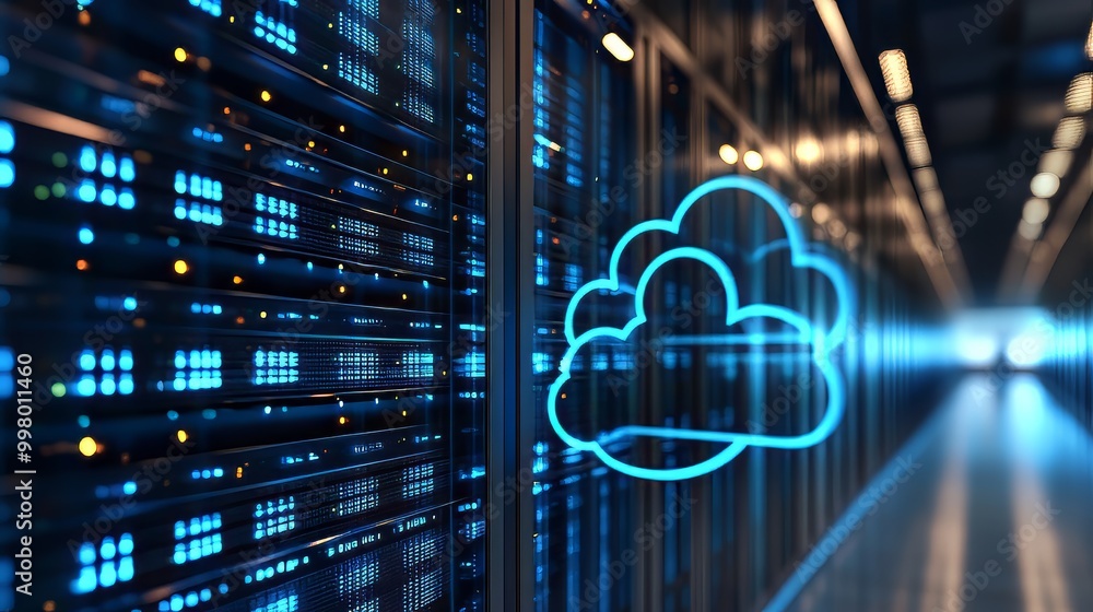 Poster modern data center featuring server racks with a prominent cloud symbol, representing cloud computin