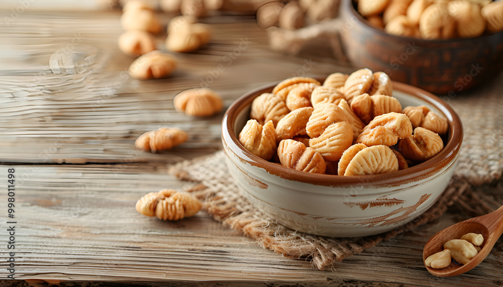 Poster bowl of delicious nut shaped cookies with boiled condensed milk on wooden table. space for text