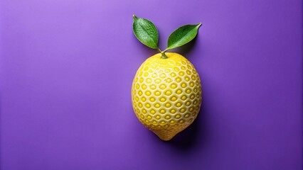 Fisheye lemon with leaf made of small yellow circles and green triangles on purple background