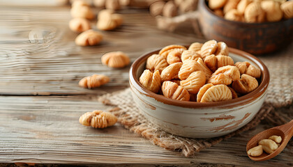 Bowl of delicious nut shaped cookies with boiled condensed milk on wooden table. Space for text