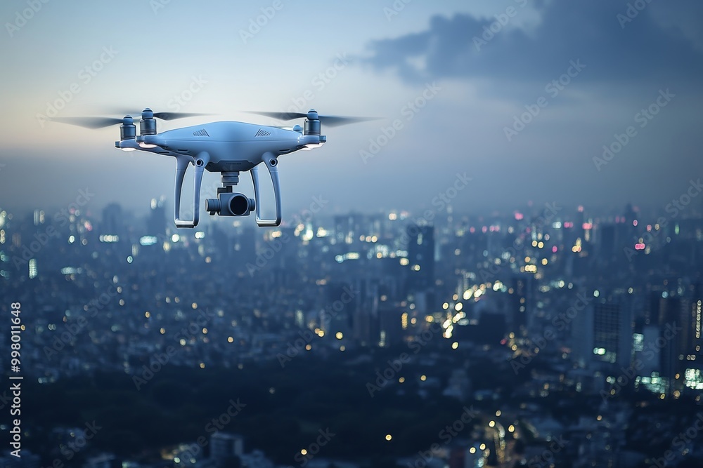 Poster brightly lit drone hovering against a blurred colorful background symbolizing the integration of dro