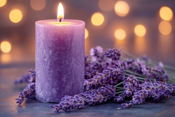 Lavender candle with a blurred background of lights.
