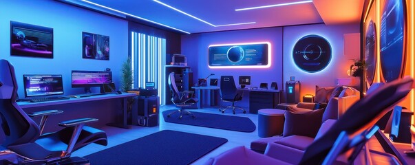 Home office with a high-tech virtual reality theme, featuring VR equipment, futuristic furniture, and ambient LED lighting Modern and immersive