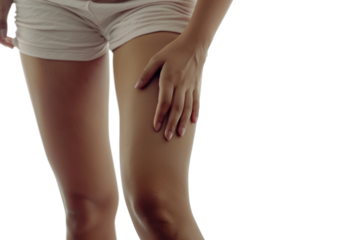 woman touching her painful leg isolated