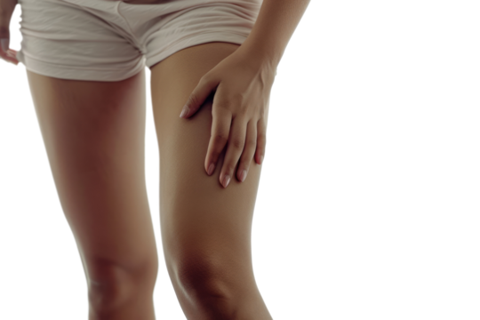 woman touching her painful leg isolated