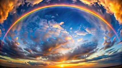 Fisheye lens capturing rainbow colors reflecting in the clouds at sunset