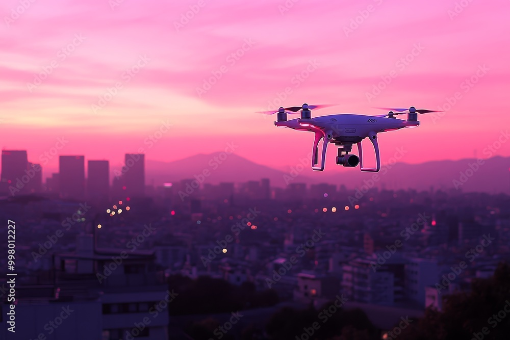 Poster drone flying through a field of glowing green particles symbolizing the future of drone technology i