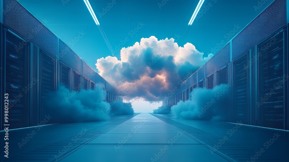 Poster photography of cloud and data center transferring data from on-premises to cloud storage. data migra