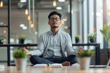Calm Malay businessman meditating on office desk in middle of busy work day , background blur