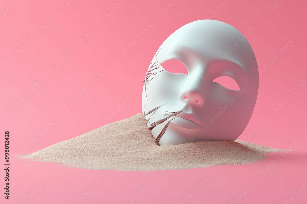 Aufkleber a broken anonymous mask half-buried in sand on a simple surface symbolizing the fragility of online 