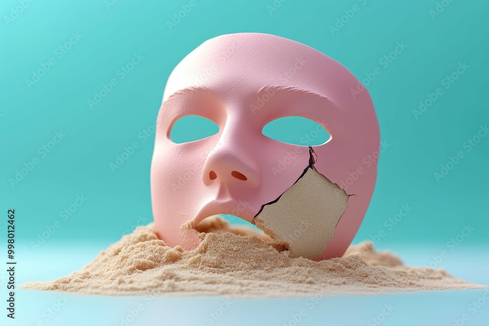 Aufkleber a broken anonymous mask half-buried in sand on a simple surface symbolizing the fragility of online 