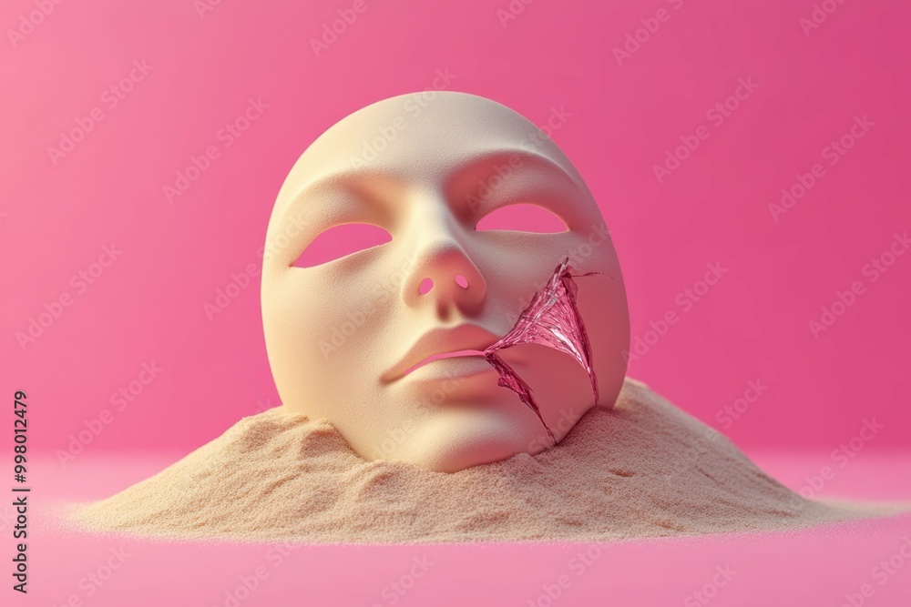 Aufkleber a broken anonymous mask half-buried in sand on a simple surface symbolizing the fragility of online 