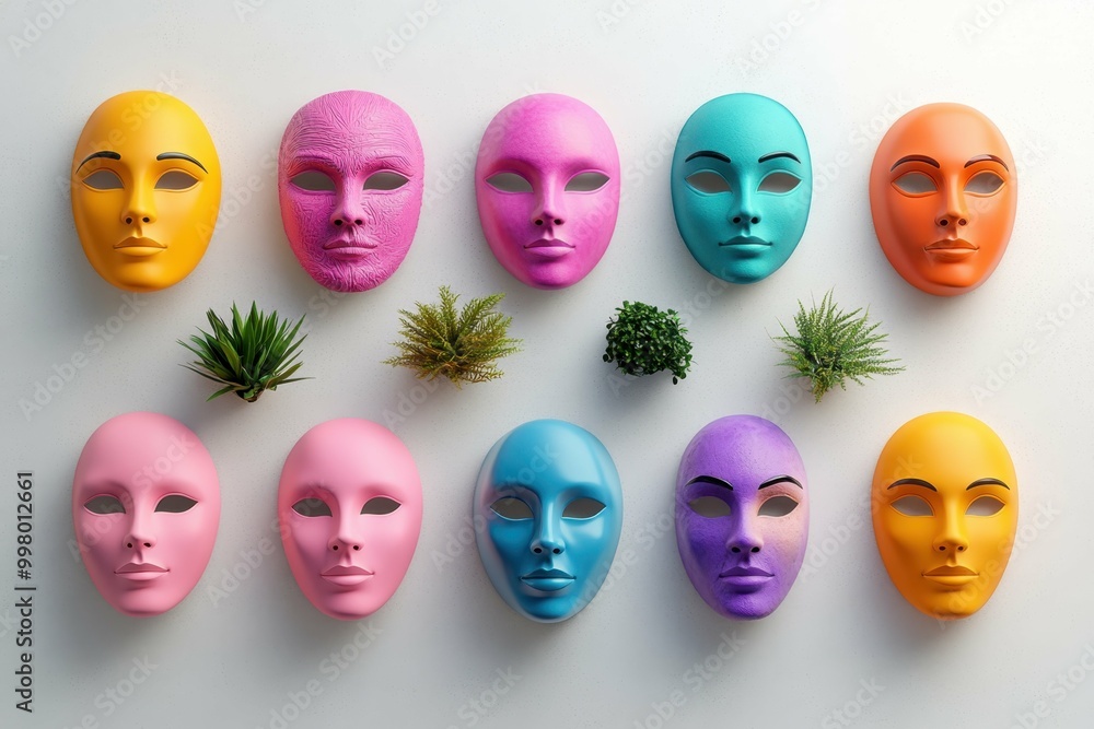Poster a set of various anonymous masks arranged artfully on a simple white surface with varying colors and