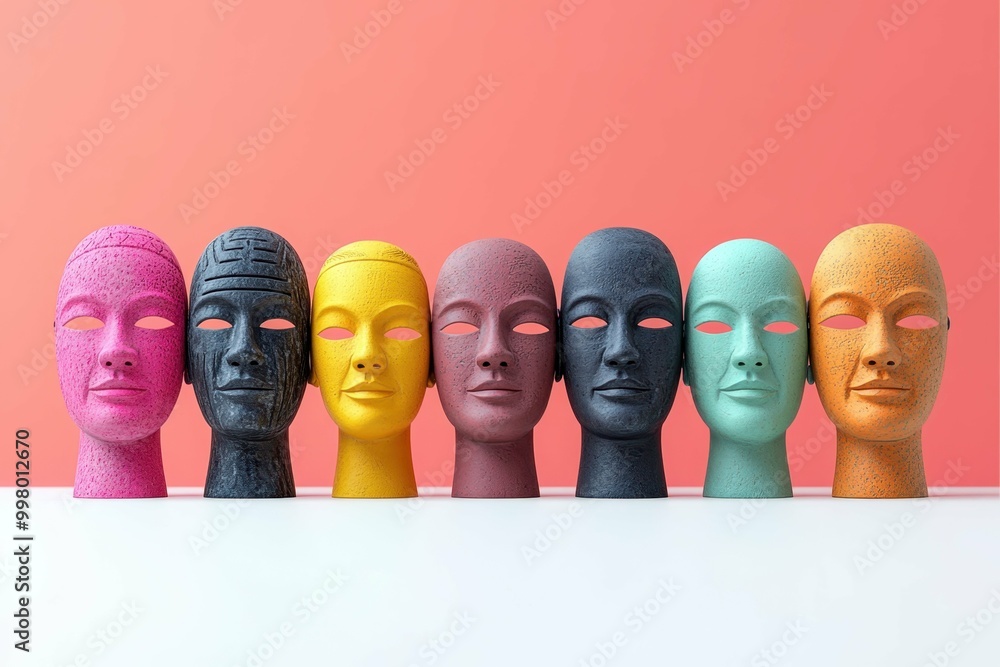 Aufkleber a set of various anonymous masks arranged artfully on a simple white surface with varying colors and