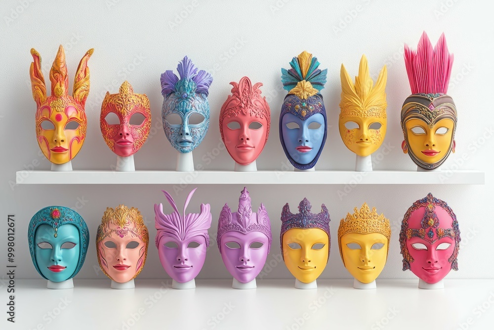 Aufkleber a set of various anonymous masks arranged artfully on a simple white surface with varying colors and