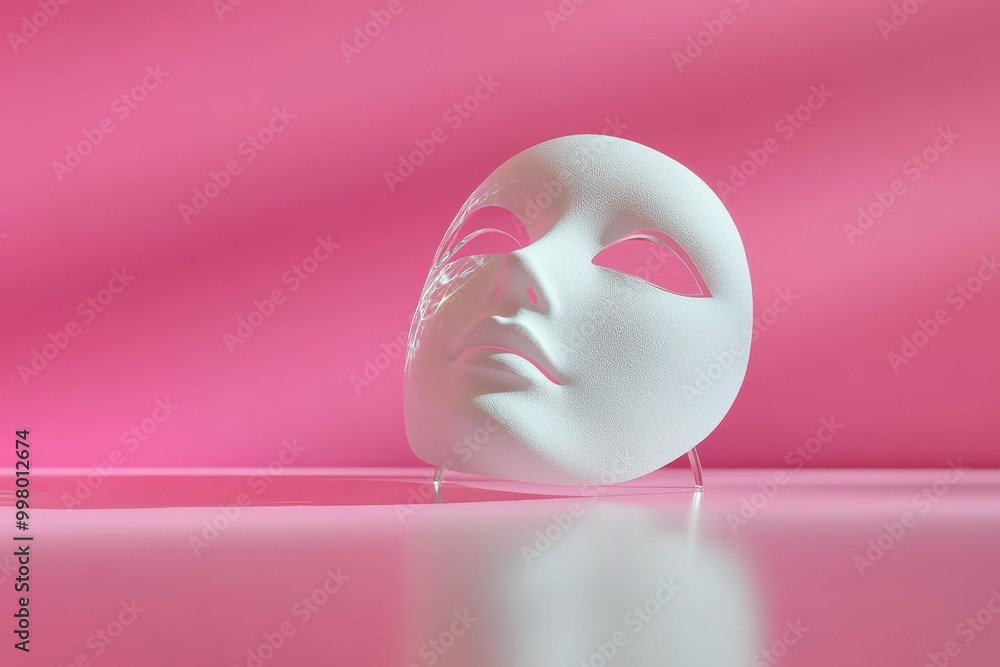 Poster a simple transparent mask made of glass resting on a reflective surface casting intricate shadows.