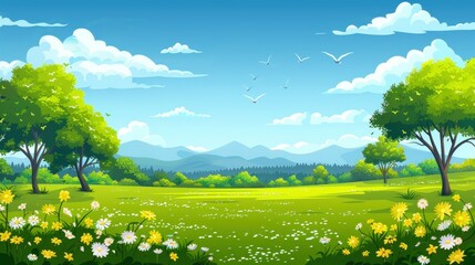 Fototapeta premium Peaceful Green Meadow Landscape with Blooming Flowers and Birds Flying High