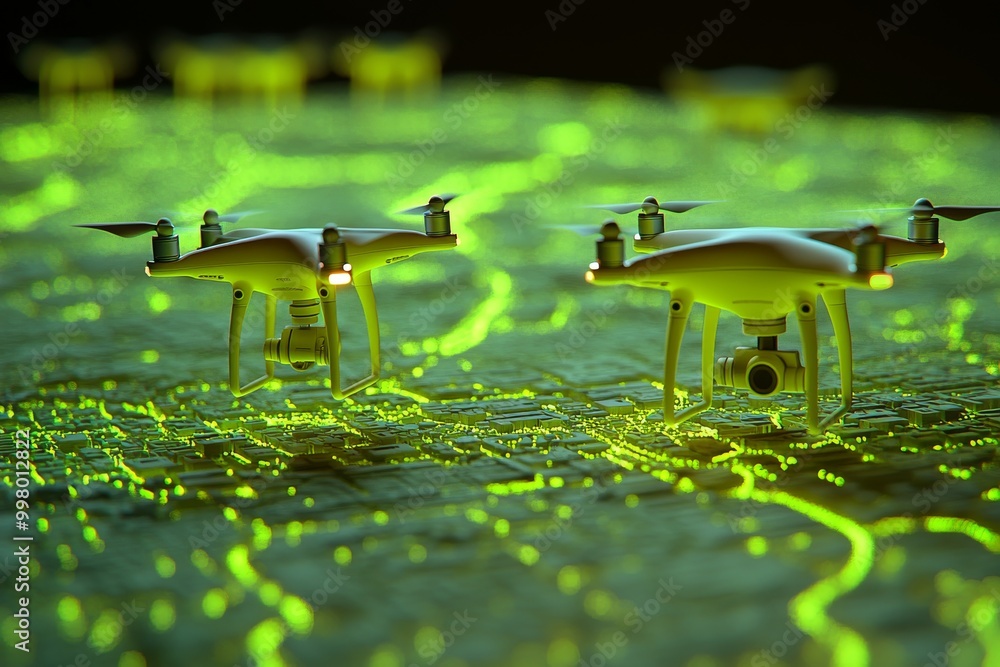 Poster gold colored drone with a cardboard box hovering in a studio representing high tech drone technology