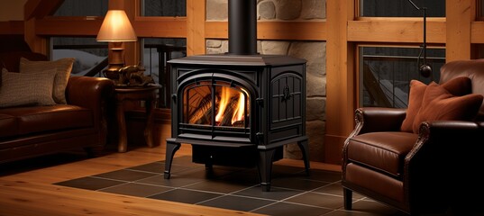 Cozy living room with a black wood stove and warm furnishings during a winter evening