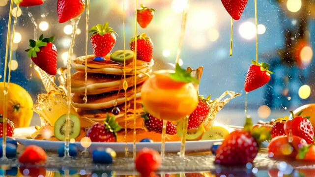 Honey pouring on stack of pancakes with strawberries splashing