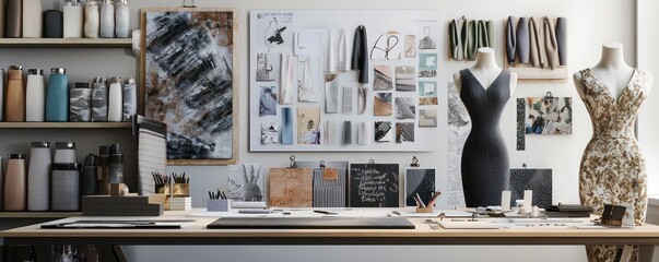 Home office with a luxury fashion designer's studio theme, featuring elegant mannequins, high-end fabric samples, and stylish mood boards Chic and inspiring