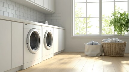 This contemporary laundry room showcases built-in machines, sleek cabinetry, and a basket of laundry, illuminated by natural light. Generative AI