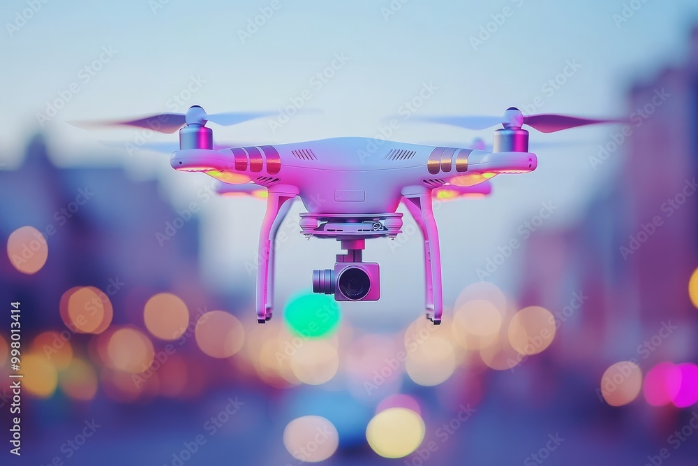 Aufkleber brightly lit white drone hovering in a vibrant cityscape with colorful bokeh background symbolizing 