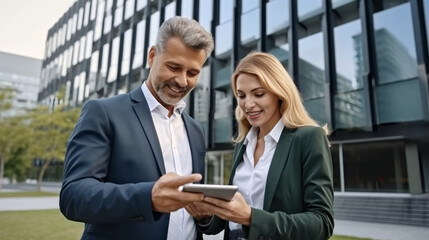 A business person and a woman are using an iPad in front of a modern office building, smiling while looking at the tablet screen.