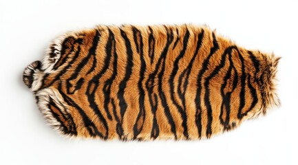 Naklejka premium A flat lay of an animal fur rug with tiger stripes, photographed from above on a white background. The rug is made of luxurious real tiger skin and has no pattern or design on it. 