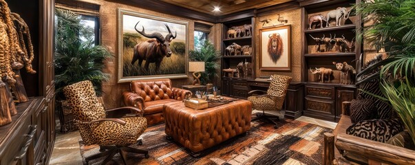 Home office with a luxury safari lodge theme, featuring rich leather furniture, animal prints, and a collection of African art Adventurous and stylish