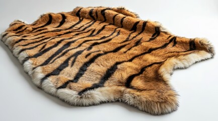 Obraz premium A flat lay of an animal fur rug with tiger stripes, placed on a white background. The rug features natural colors and textures, showcasing the softness and texture of real tiger fur. 