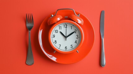 Time-restricted feeding with a clock and tableware on a vibrant orange plate