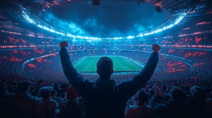 Excited fans celebrate passionately during a match at a vibrant sports stadium at night