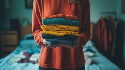 A woman organizes her wardrobe by decluttering clothes in a bright, minimalist bedroom during soft afternoon light