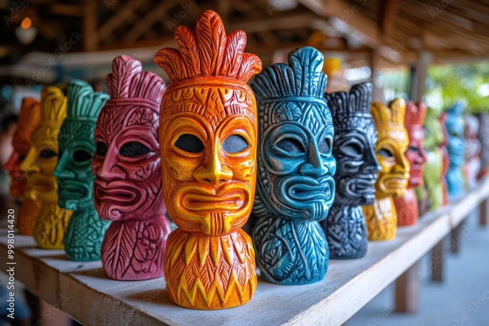 Wall mural Colorful ceramic tiki masks lined up on a wooden table.