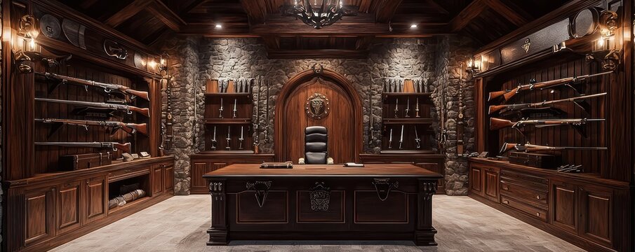 Home office with a medieval armory theme, featuring weapons displays, heavy wooden furniture, and stone wall accents Historic and imposing
