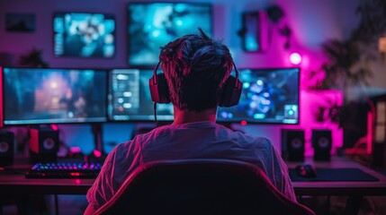 Gamer live-streaming in a vibrant, futuristic setup surrounded by multiple screens displaying game stats and revenue figures