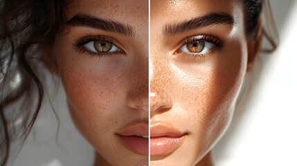 Digital split image  before with dull, oily skin and after with fresh, matte complexion Bright ambient light, 3D realistic skin textures, Pop art influence, Bold, clean lines