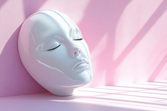 Minimalist art of a white mask leaning on a pink wall symbolizing identity anonymity and the concept of self reflection in modern psychological analysis