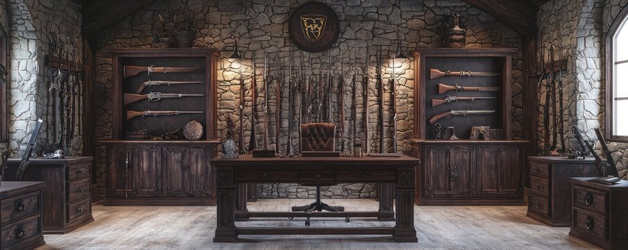Home office with a medieval armory theme, featuring weapons displays, heavy wooden furniture, and stone wall accents Historic and imposing