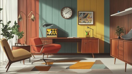 Obraz premium Home office with a mid-century modern theme, featuring vintage furniture, geometric shapes, and a pop of color from the 60s era Retro and stylish